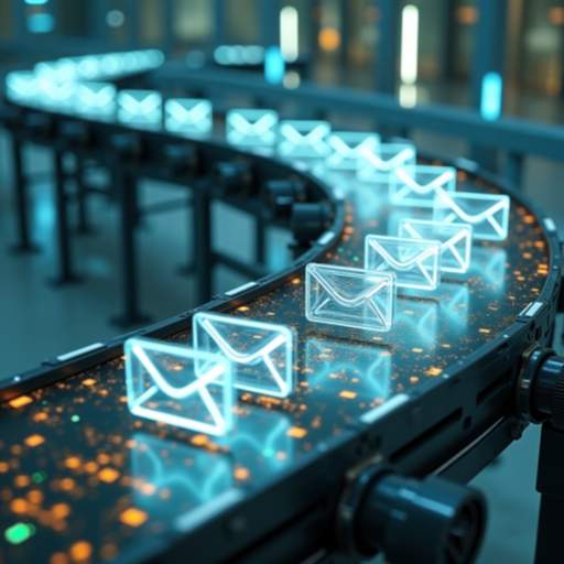 Digital envelopes moving on a glowing conveyor belt, symbolizing the seamless email migration process to Microsoft 365.